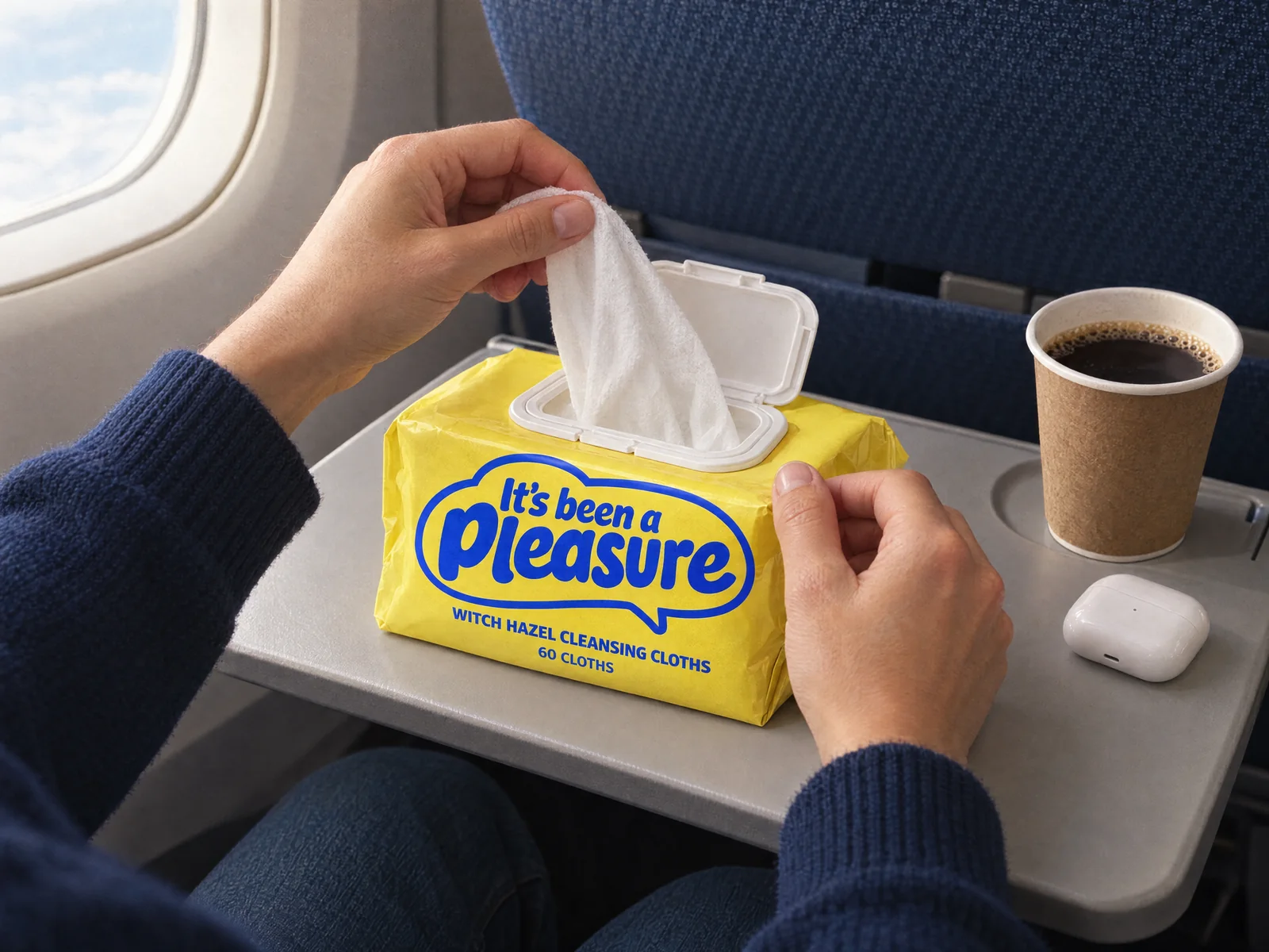 Hands pulling a cloth from the yellow witch hazel pack on an airplane tray table, next to a coffee.