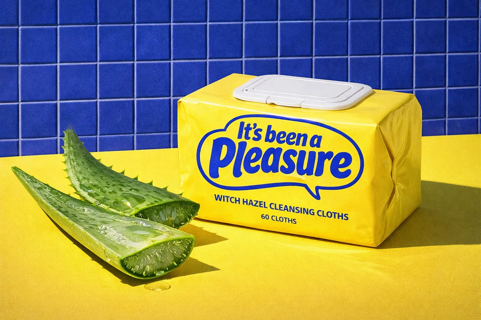 A sliced aloe leaf beside the yellow pouch.