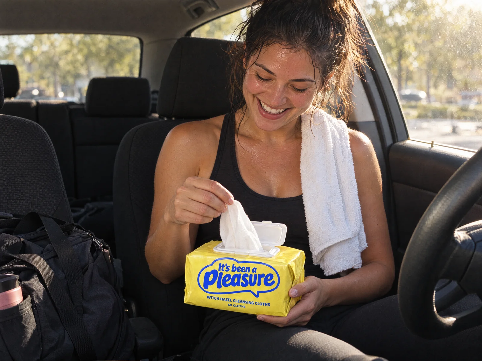 A woman in a parked car after the gym, laughing as she pulls a cloth from the yellow witch hazel pack.