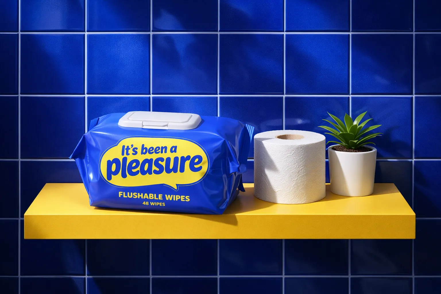 The blue pouch on a yellow shelf beside a toilet roll.