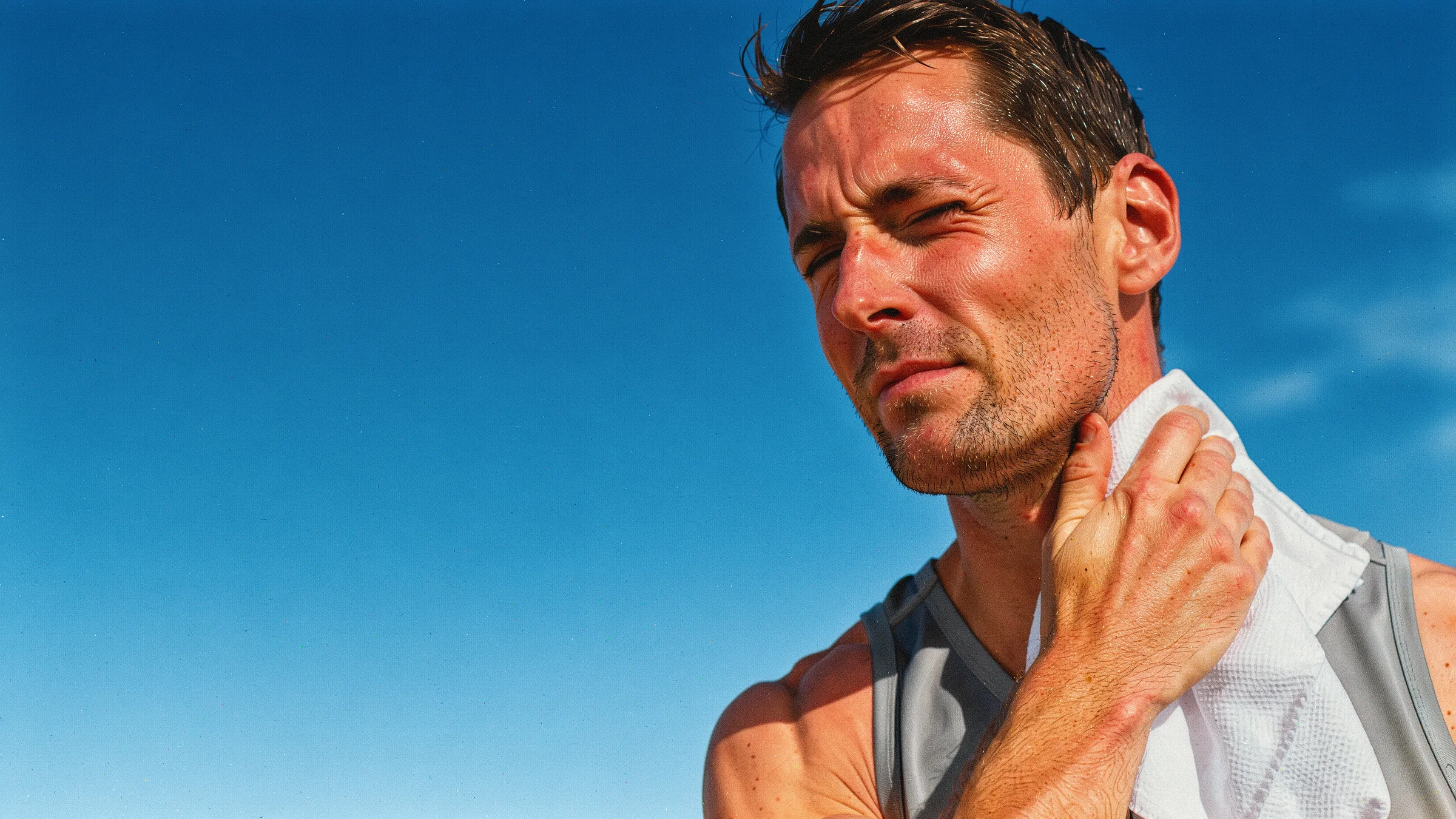 A man after a run wiping his neck with a large white cloth against a deep-blue sky.