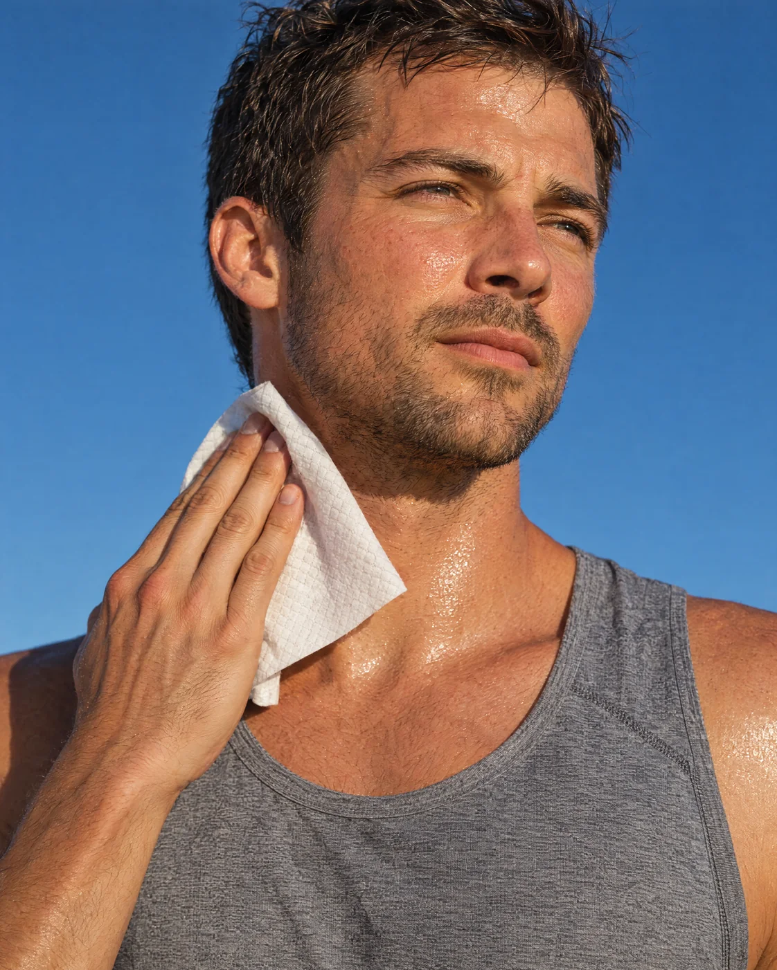 A man after a run wiping his neck with a white cloth.