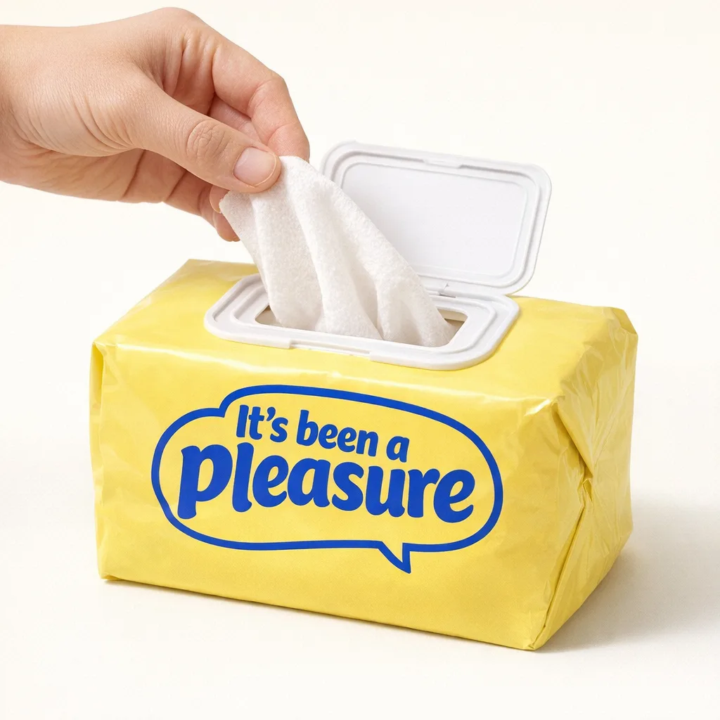 A hand pulling a soft white cloth from the yellow pouch.